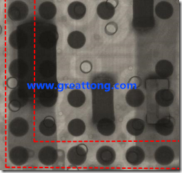 BGA錫球尺寸小于0.4mm，采用降低BGA內(nèi)圍襲球的錫膏量所得到X-Ray，稍微留意一下可以發(fā)現(xiàn)最外圈的錫量(圓的直徑)比其他內(nèi)圍的錫球上的錫量來(lái)得多一點(diǎn)點(diǎn)。也就是外圈的黑色圓形直徑比內(nèi)圈的圓形來(lái)得大一點(diǎn)點(diǎn)。
