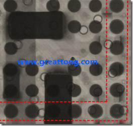 BGA錫球尺寸小于0.4mm，采用降低BGA內(nèi)圍襲球的錫膏量所得到X-Ray，稍微留意一下可以發(fā)現(xiàn)最外圈的錫量(圓的直徑)比其他內(nèi)圍的錫球上的錫量來(lái)得多一點(diǎn)點(diǎn)。也就是外圈的黑色圓形直徑比內(nèi)圈的圓形來(lái)得大一點(diǎn)點(diǎn)。